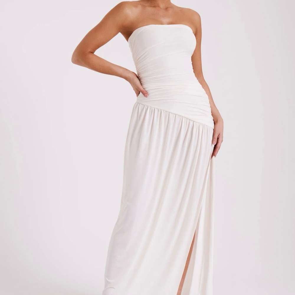 Meshki White Ruched Strapless Maxi Dress